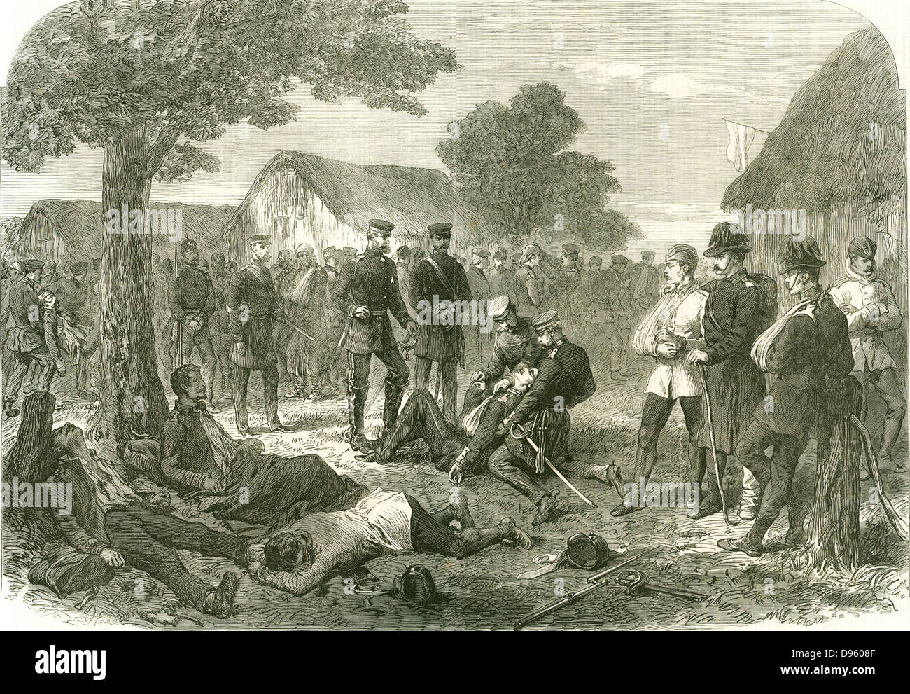 Battle of Sadowa (Sadova, Koniggratz), Bohemia, 3 July 1866, the decisive battle in the Austro-Prussian War.  Austria defeated by Prussia. Frederick, Crown Prince of Prussia, visiting wounded survivors of the battle.  From 'The Illustrated London News' 1866. Stock Photo