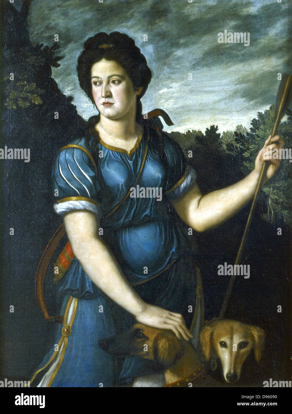 'Diana the Huntress with her Two Dogs'. Roman goddess of the Moon and of hunting (Artemis in the Greek Pantheon). School of Paris Bordone. 16th century Italian.Oil on canvas. Private Collection. Stock Photo