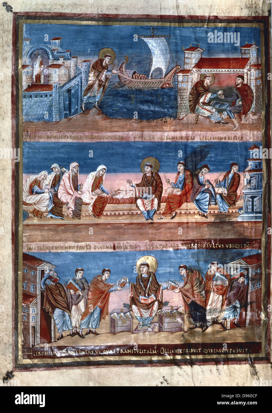 Bible of Charles the Bald (823-877).  Life of St Jerome. Top; leaves Rome for Jerusalem. Middle; In discussion with Saints Paul and Eustogine, behind is Saint Luke and two scribes. Bottom; Distributes copies of  his  translation of the Bible (The Vulgate) to monks.   9th century manuscript. Bibliotheque Nationale, Paris. Stock Photo
