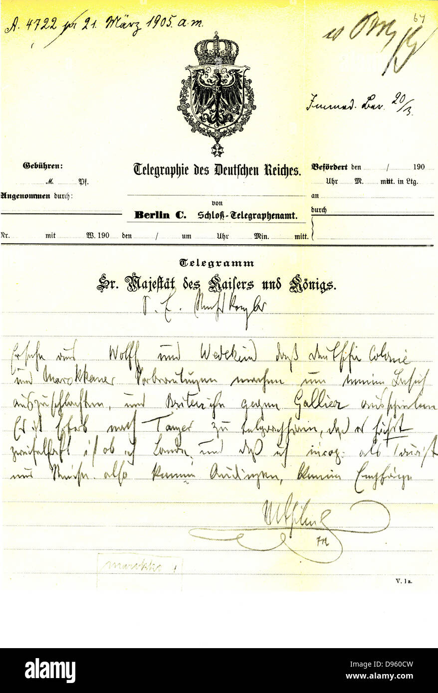 William II's telegram to von Bulow, the German Chancellor, on the former's visit to Tangier in 1905. Stock Photo