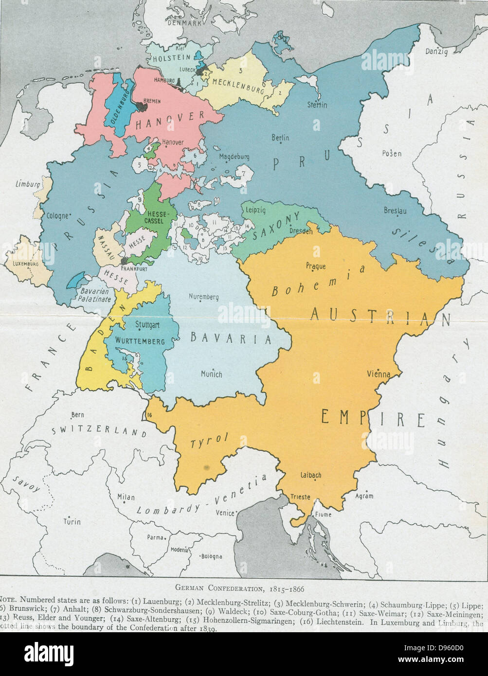 Map of The German Confederation 1815-1866 (Deutscher Bund). The dominant states are Austria (yellow) and  Prussia (blue). Stock Photo