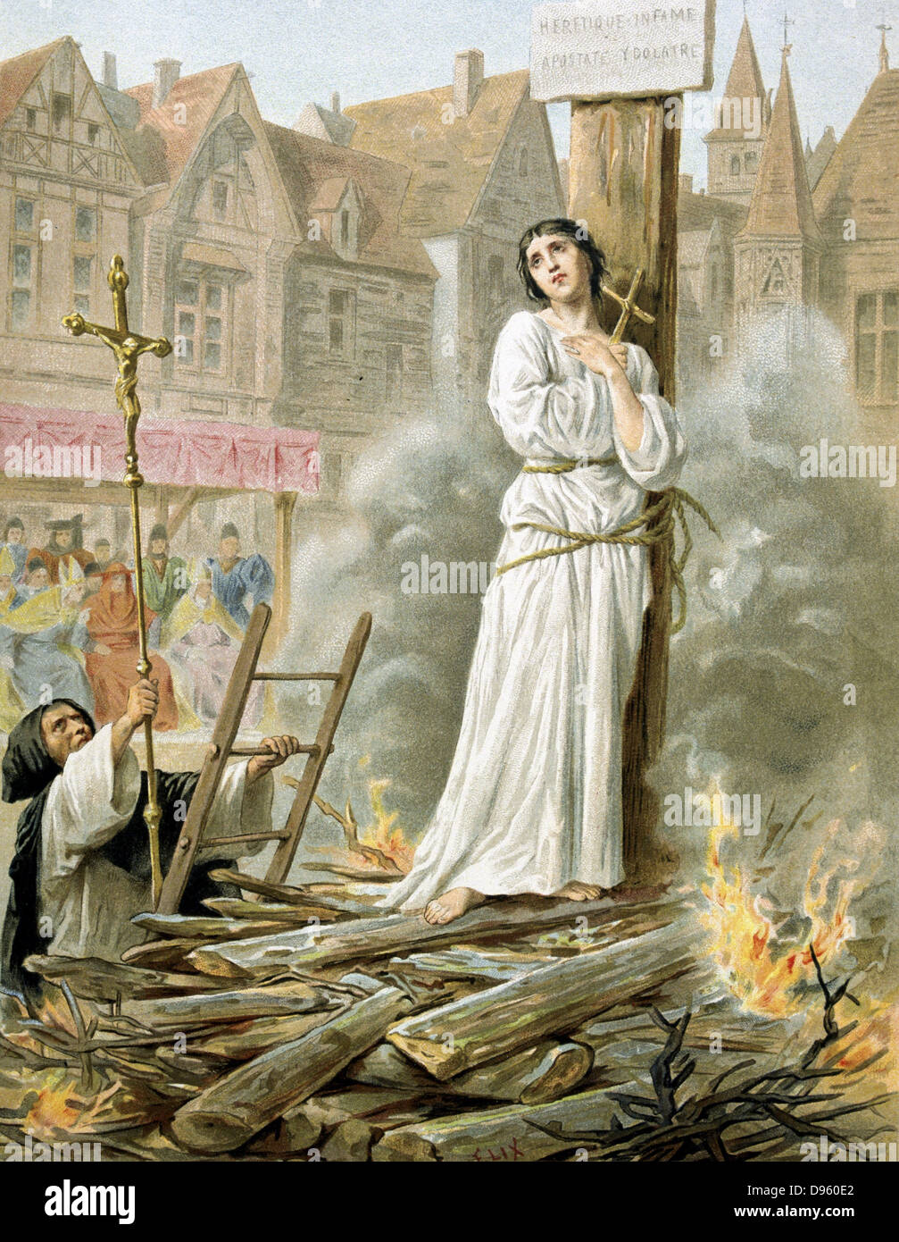 Joan of Arc (c1412-31) St Jeanne d'Arc, the Maid of Orleans, French patriot and martyr. Tried for heresy and sorcery and burnt at stake in market place at Rouen, 30 May 1431. 19th century chromolithograph. Stock Photo