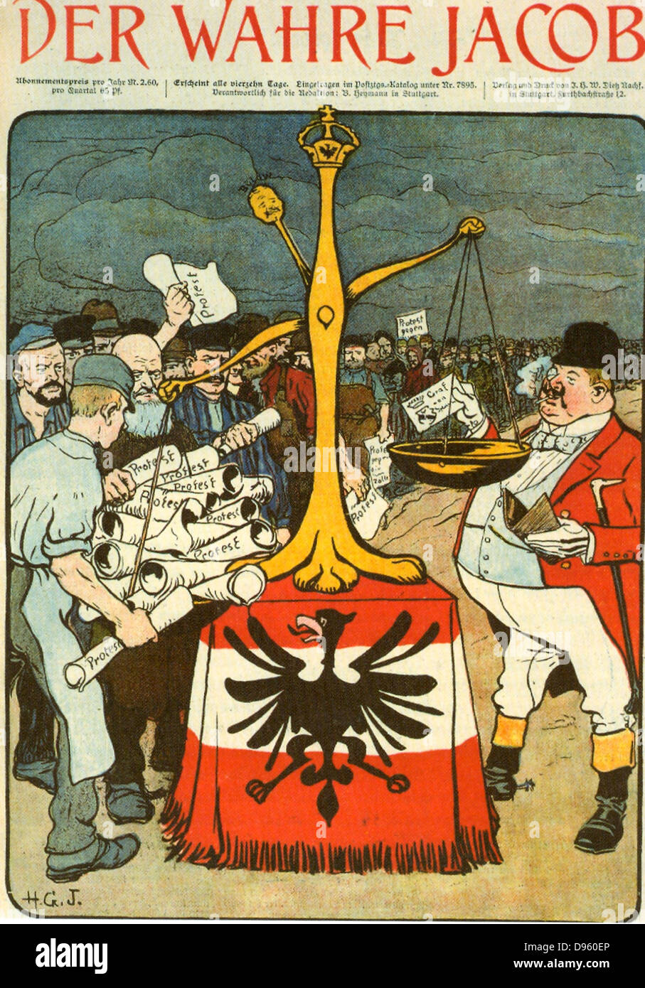 Who weighs more?'. Cartoon on the Prussian three class franchise system (Dreiklassenwahlrecht) introduced in 1849 for election to the Lower House of the Prussian state parliament.  Men over 24 were eligible to vote and were divided into three classes acco Stock Photo