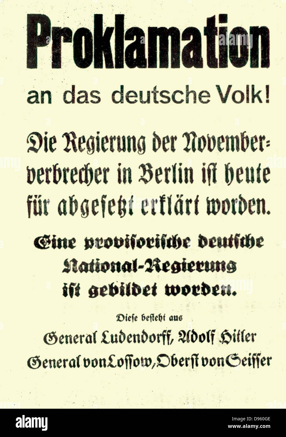 Proclamation by Adolf Hitler and other leaders of the October 1923 Munich beer Hall rising (putsch). Stock Photo