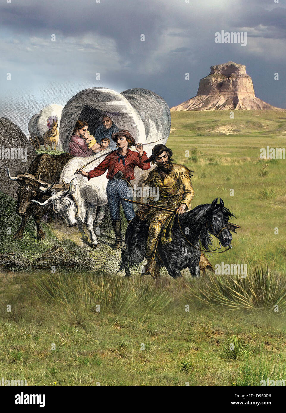 Families in covered wagons crossing the plains. Hand-colored woodcut combined with a photograph Stock Photo