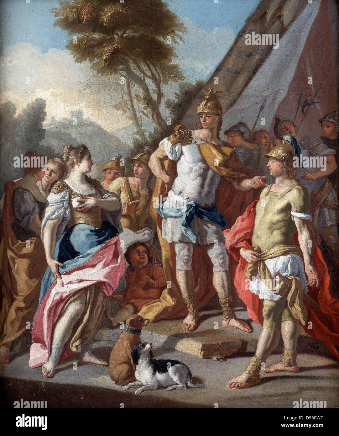 'Sisygambus, mother of Darius III, mistakes Hephistion  (Hephaestion) for Alexander the Great'.  After Alexander's defeat of the Persians at Issus, 333 BC, Darius's womenfolk were taken to Alexander's tent.  Sisygambus speaks to Hephistion as the most imposing figure in the group.  Alexander, known to be of short stature, is the figure on the left. Francesco da Mura (1696-1782) Italian painter.  Oil on canvas. Private collection. Stock Photo