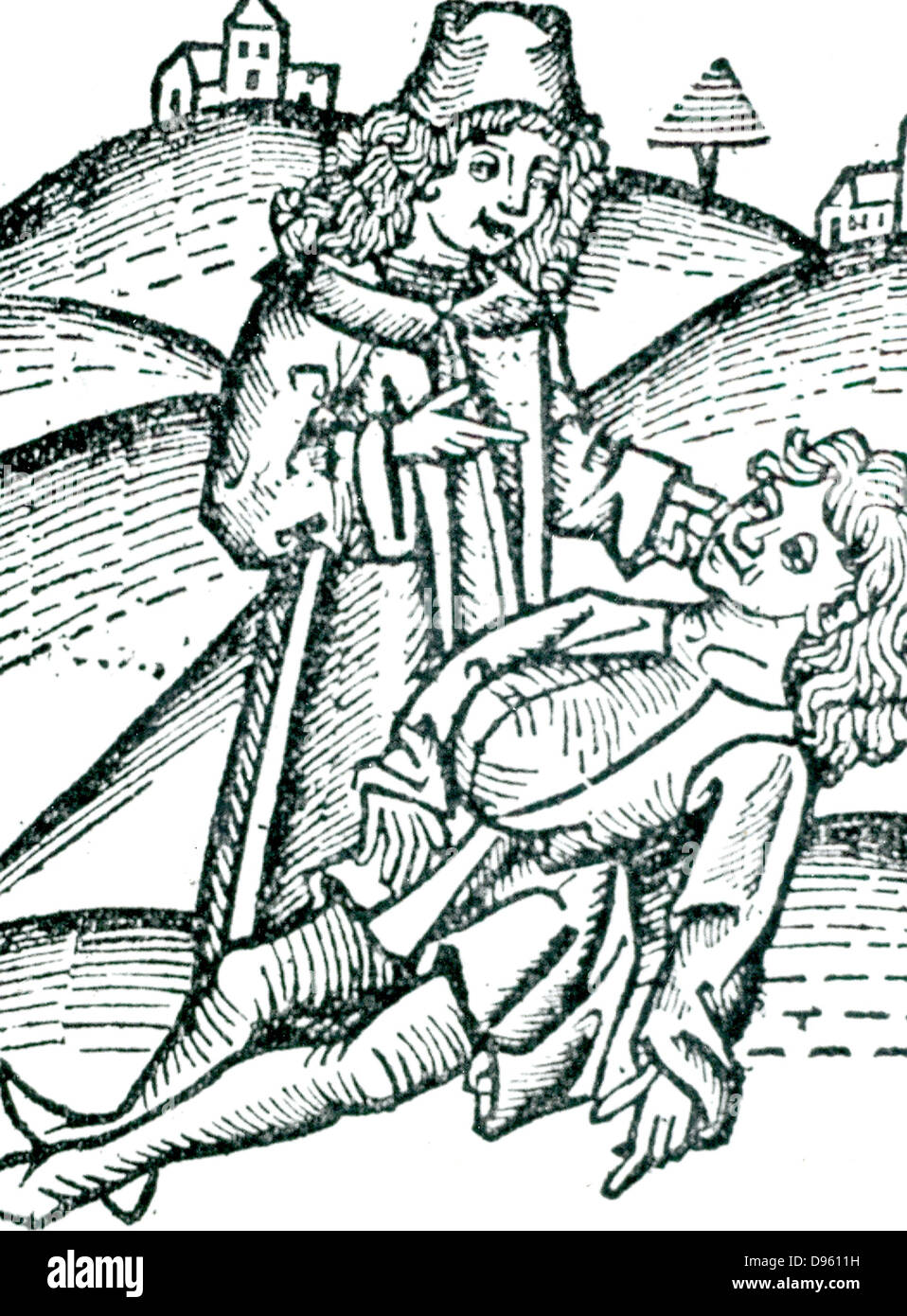 Physician applying a Bezoar stone to a victim of poisoning. The stone was extracted from the gall-bladder or stomach of an animal such as a goat or an antelope.  Bezoar is a corruption of a Persian word meaning counter-poison. From Johannis de Cuba 'Ortus sanitatis', Strasbourt, 1483. Stock Photo