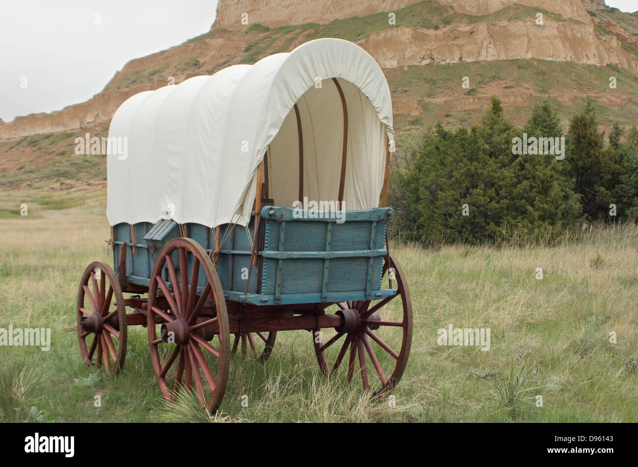 Covered wagon replica on the Oregon Trail, Scotts Bluff National Monument, Nebraska. Digital photograph Stock Photo