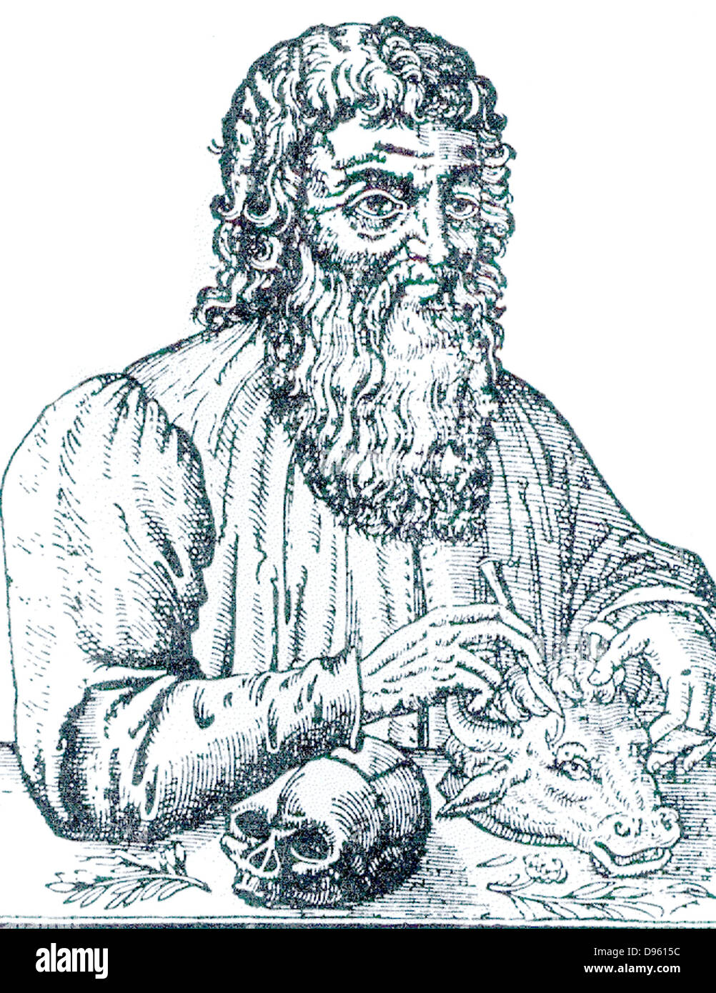 Hippocrates of Cos,' The Prince of Physcians'  according to the French surgeon, Ambroise Pare.  Hippocrates  (born c460 BC) Ancient Greek physician, the father of modern medicine. Woodcut from Pare's 'Surgery', 16th century. Stock Photo