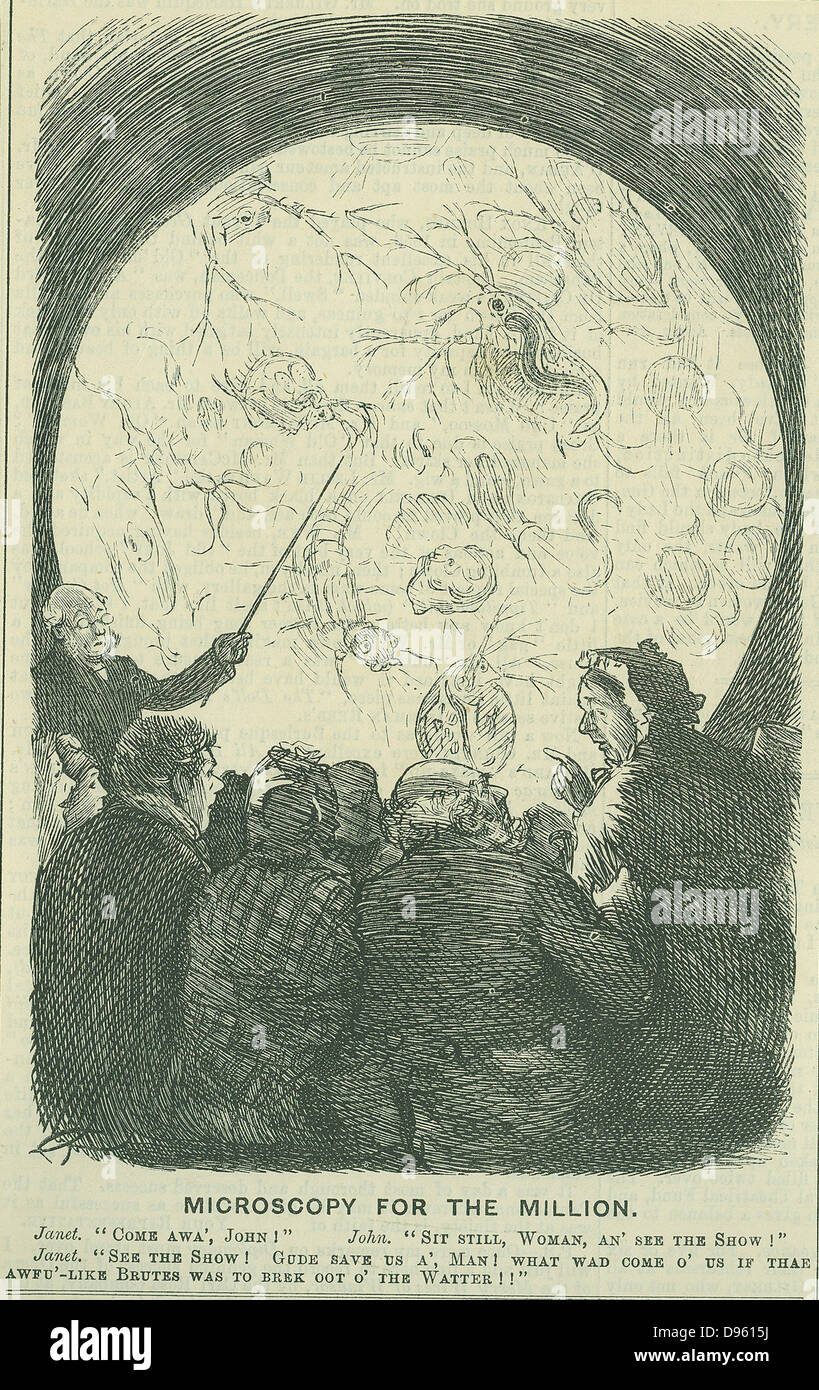 Microscopy for the Millions': A member of the audience frightened by a lantern slide showing the forms of life in a typical drop of London water.  Cartoon by Charles Samuel Keene (1823-1891) for 'Punch', London, 1878. Stock Photo