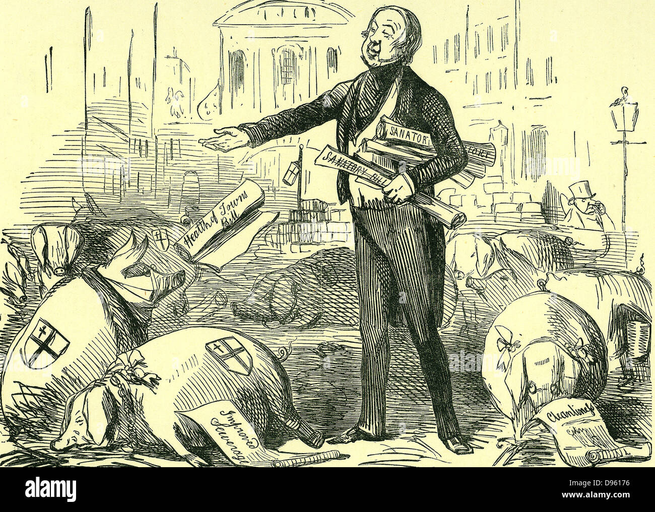 Public Health Act, 1848:  The Home Secretary, Lord Morpeth, casting pearls (the provisons of the Act) before swine (the City of London Aldermen).  Cartoon from 'Punch', London, 1848. Stock Photo