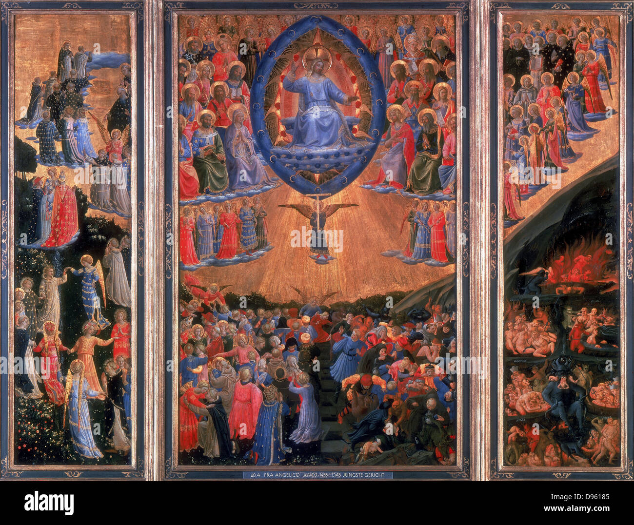 The Last Judgement'. Heaven, left, Hell, right. Christ sits in judgement in central panel. Fra Angelico (1400-1455) Florentine painter. Triptych. Tempera on board. Staatliche Museum, Berlin. Stock Photo