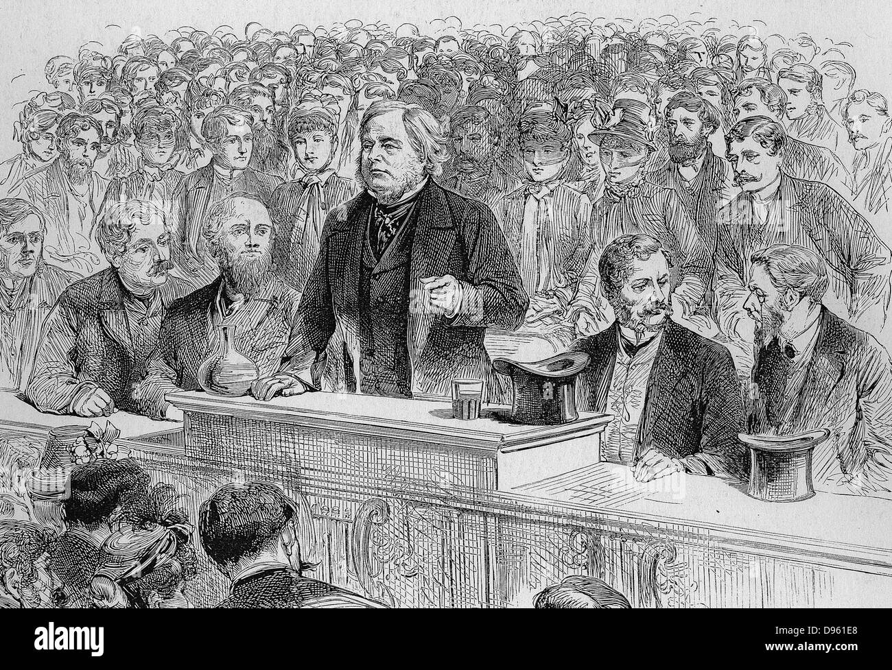 John Bright (1811-1889) English Quaker Radical statesman. Advocate of the Anti-Corn Law League and of Free Trade.  Bright speaking at an election meeting at Birmingham, November 1885. Engraving. Stock Photo
