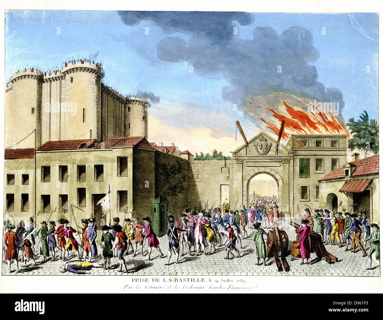 French Revolution, 1789. Storming of the Bastille, 14 July 1789.  Medieval fortress used as French state prison in 17th and 18th centuries. Hand-coloured engraving. Stock Photo