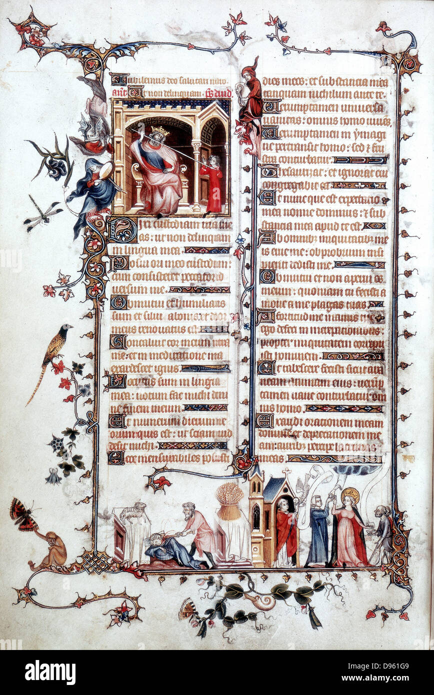 Bellville Breviary (1323-1326), Cain killing Abel, bottom left. The Eucharist showing the wafer (body of Christ), the Dove (Holy Spirit) and hand from heaven (God the Father).  Manuscript Stock Photo