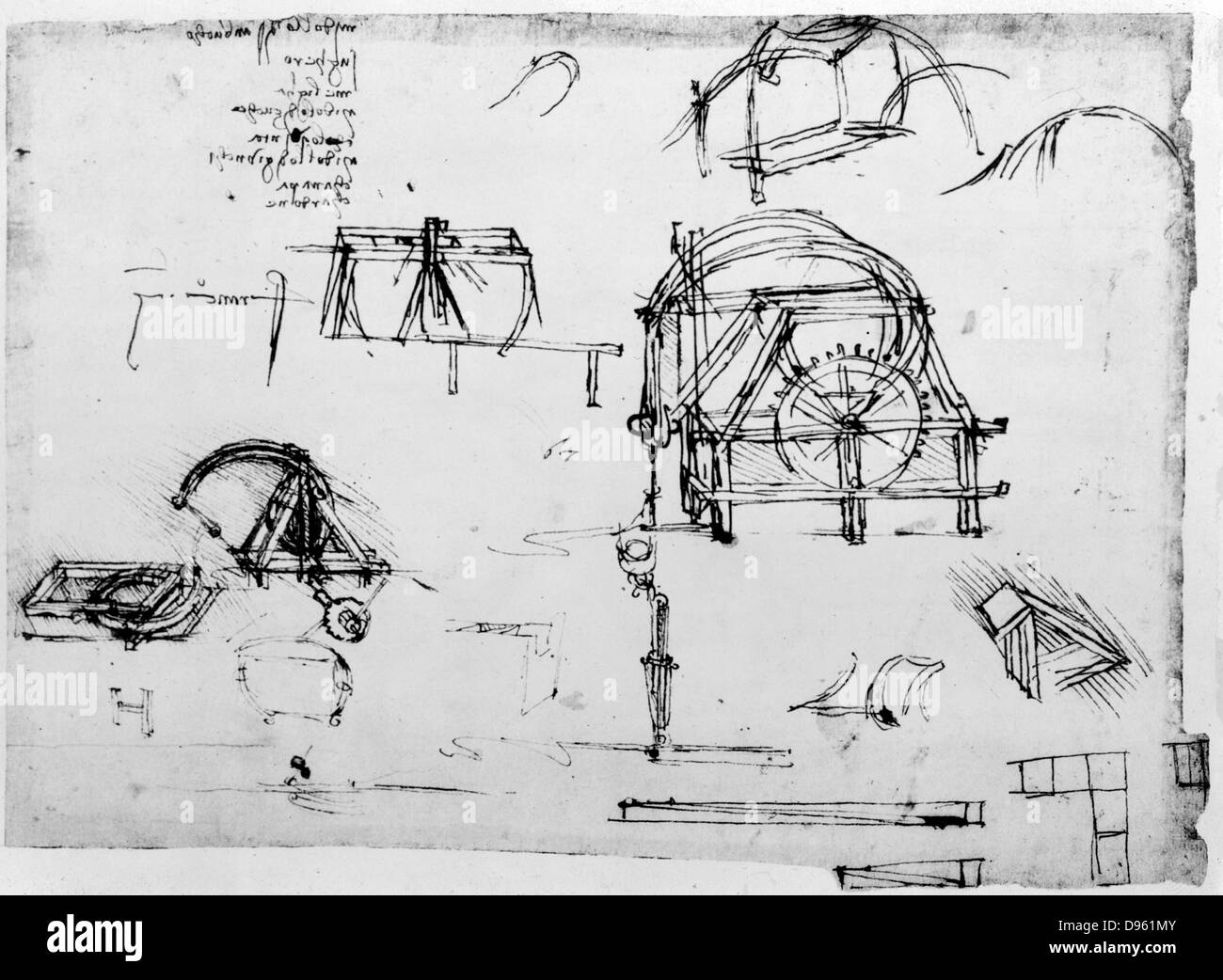 Sketch  by Leonardo da Vinci (1452-1519) for a perpetual motion device. Biblioteca Ambrosiana, Milan. Stock Photo
