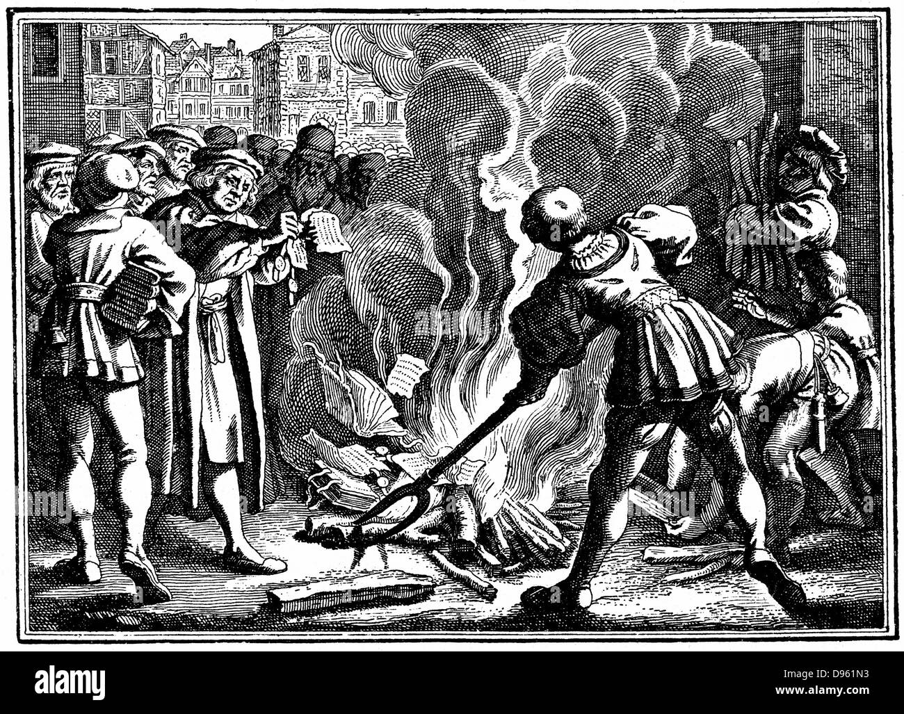 Martin Luther (1483-1546) German Protestant reformer, burning the Papal Bull excommunicating him. Wittenberg, 1520. Stock Photo