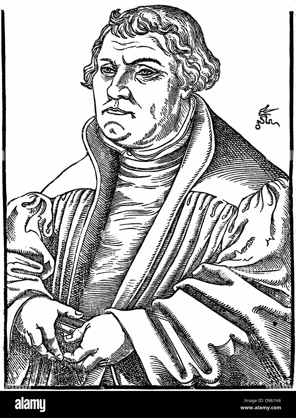 Martin Luther (1483-1546) German Protestant reformer. After woodcut by Cranach (1546). Stock Photo