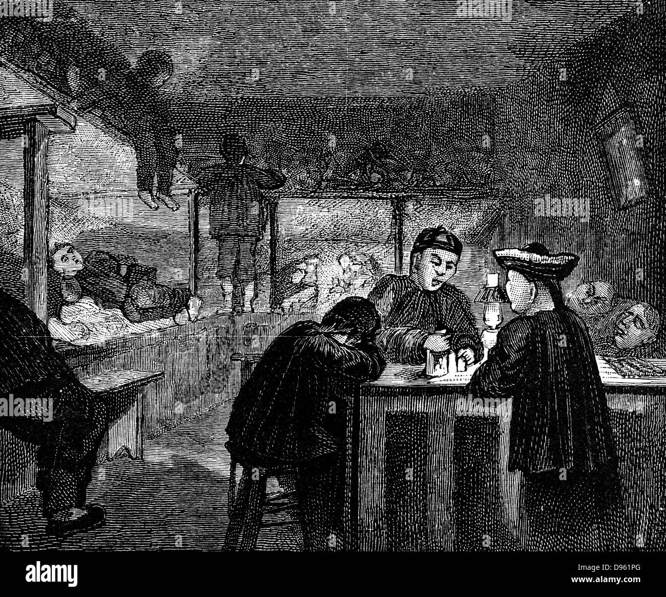 Opium den in the Chinese quarter of San Francisco. Wood engraving c1870. Stock Photo