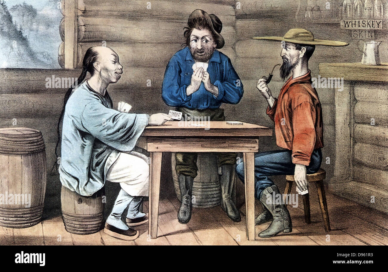 Resentment of the Chinese in gold mining areas of the United States. The 'Heathen Chinee' accused of cheating at cards. Print by Currier and Ives published 1875. Stock Photo