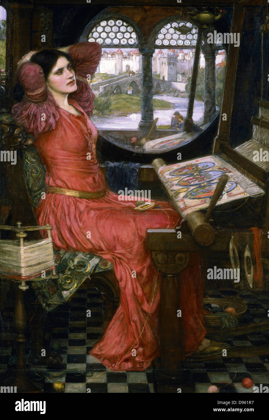 I am Half Sick of Shadows, said the Lady of Shalott' (1915).  Illustration of Tennyson's poem of Arthurian legend showing the Lady of Shallot bored with her weaving. Beside her is the window she will look through and fall fatally in love with Sir Lancelot. John William Waterhouse (1849-1917) English painter. Musee des Beaux Arts de l'Ontario, Canada. Stock Photo