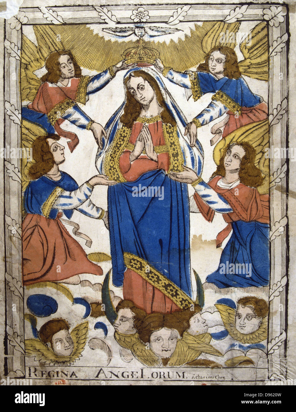 Coronation of the Virgin Mary. From 19th century French coloured woodcut. Stock Photo