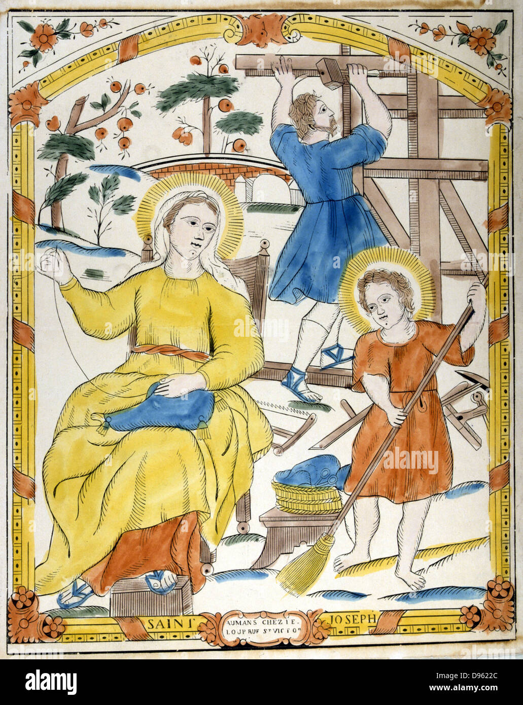 The Holy Family: St Joseph works as carpenter in background, while Mary sews and the boy Jesus sweeps the room. 19th century French coloured woodcut. Stock Photo