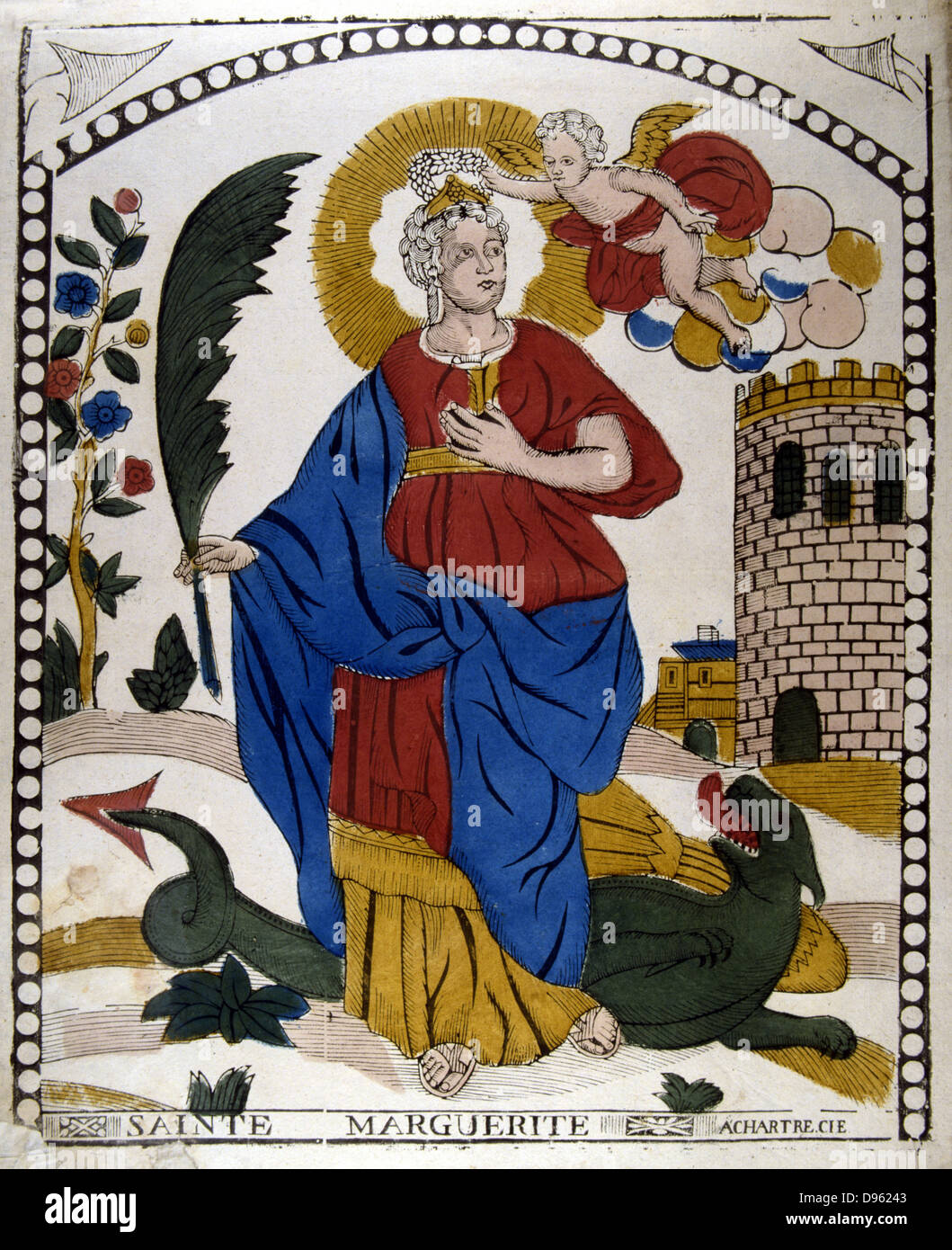 St Margaret of Antioch (Greek - St Marina) 3rd century virgin martyr, standing on Devil in form of dragon. 19th century French coloured woodcut. Stock Photo