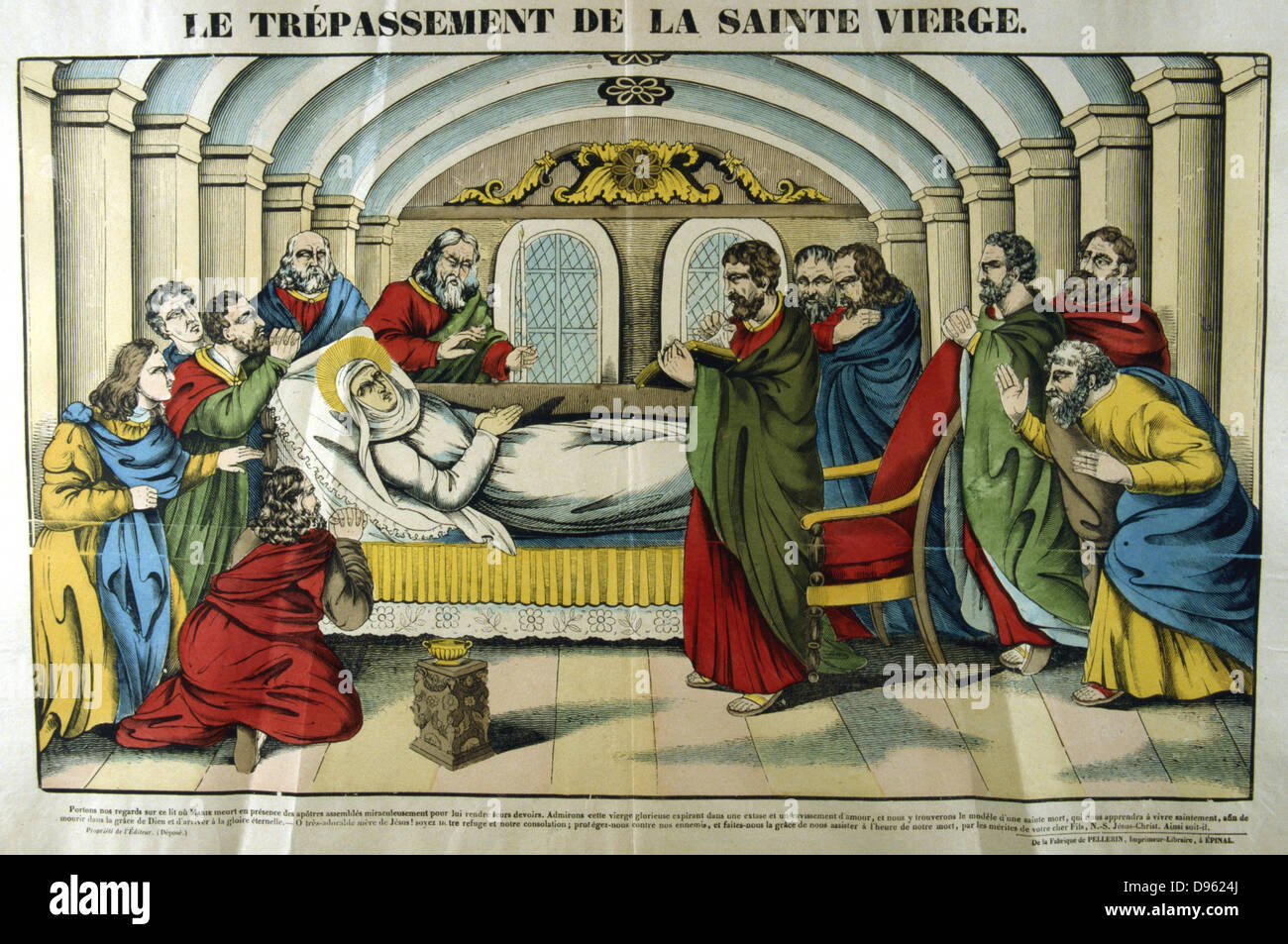 Death of the Virgin Mary. French 19th century coloured woodcut. Stock Photo