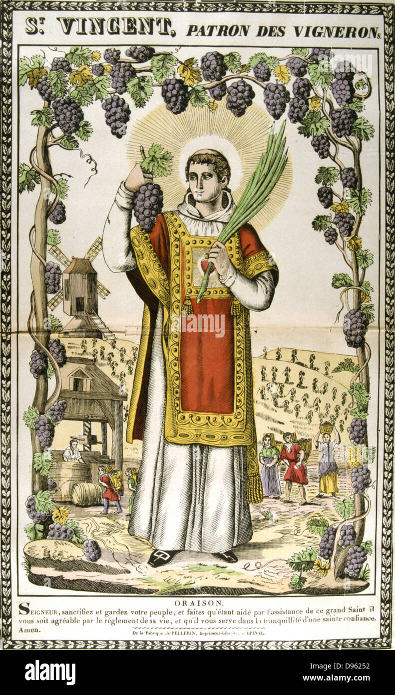 St Vincent. Christian deacon from Saragossa, martyred under Diocletian c.304.  Patron saint of drunkards and winegrowers. 19th century French coloured  woodcut Stock Photo - Alamy