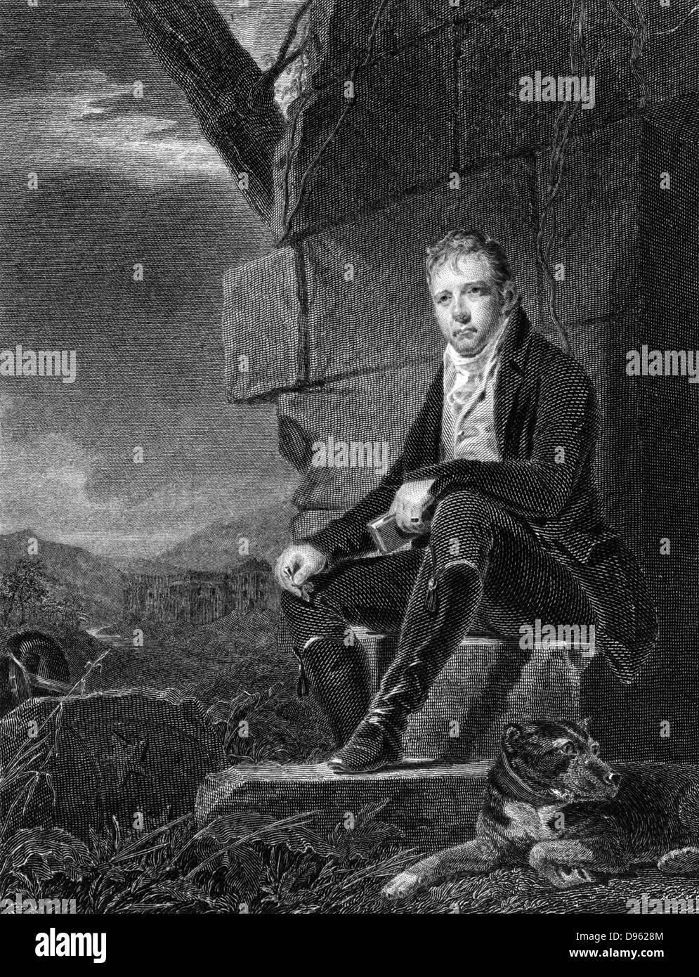 Walter Scott (1771-1832) Scottish poet and novelist: seated on stone, accompanied by dog, in 1808, the year his poem 'Marmion' was published. Steel engraving after portrait by Raeburn. Stock Photo