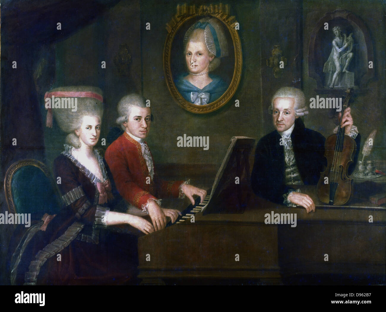 The Mozart Family (1780-1781).  Leopold (1719-1787) with his daughter Maria-Anna, Nannerl (1851-1829), and son Wolfgang Amadaeus (1756-1791) at the keyboard. Portrait of Leopold's late wife Anna Maria (1720-1779), centre.  Johann Nepomuk Della Croce (1736-1819). Mozart Museum, Salzburg. Stock Photo