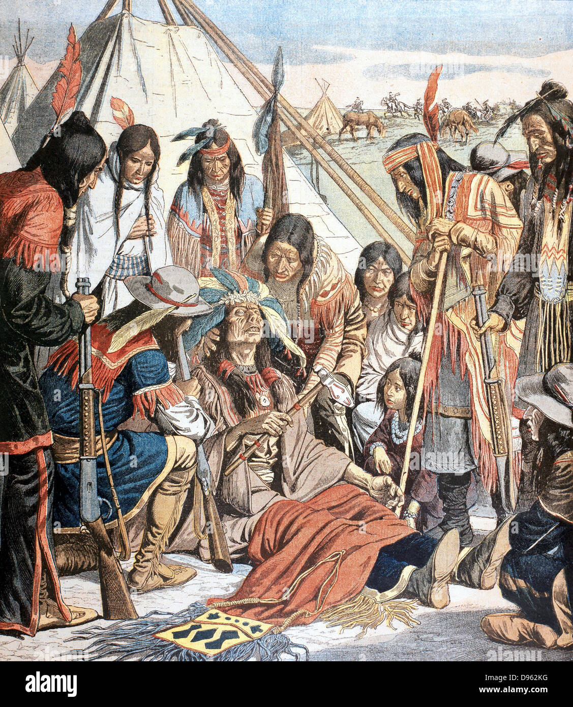 Death of Joseph (c1840-1904) Chief of the Nez-Perce. Led North American Indian tribes in resistance to white settlers (1877). From 'Le Petit Journal', Paris, October 1904. Stock Photo
