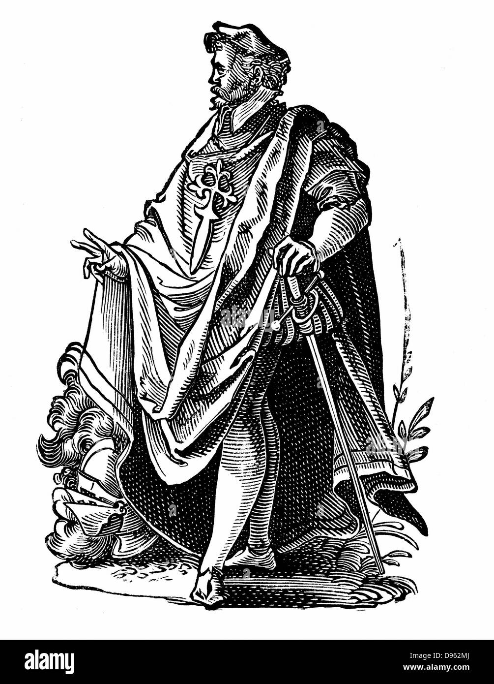 Knight Templar in travelling dress. Poor Knights of Christ and of the Temple of Solomon, founded c1119 to protect pilgrims from maruading Muslims. Order Suppressed by Pope Clement V in 1312. Woodcut by Jost Amman, 16th century. Stock Photo
