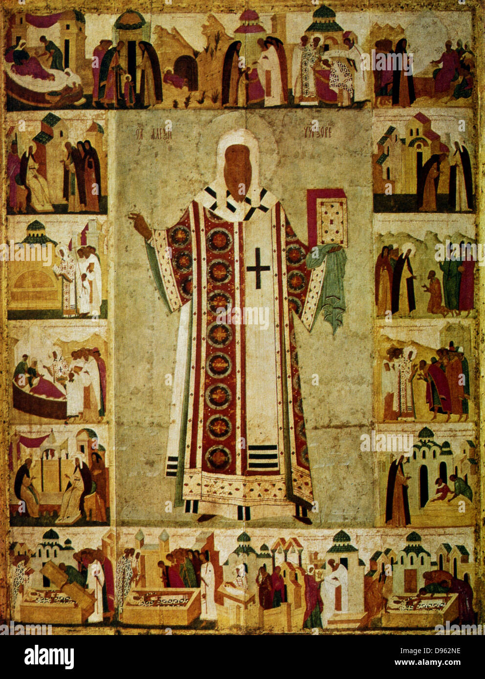 Metropolitan Alexis surrounded by scenes from his life.  Dionissii (active 1440-1502).  Tretiakov Gallery, Moscow Stock Photo