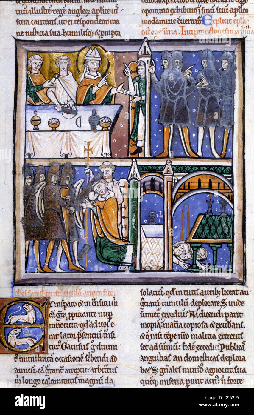 Thomas a Becket (1118-1170), Archbishop of Canterbury, disputing with Henry II of England, is overheard by fourknights who murder Becket in Canterbury Cathedral. Manuscript c1180, earliest representation of the event. British Library. Stock Photo