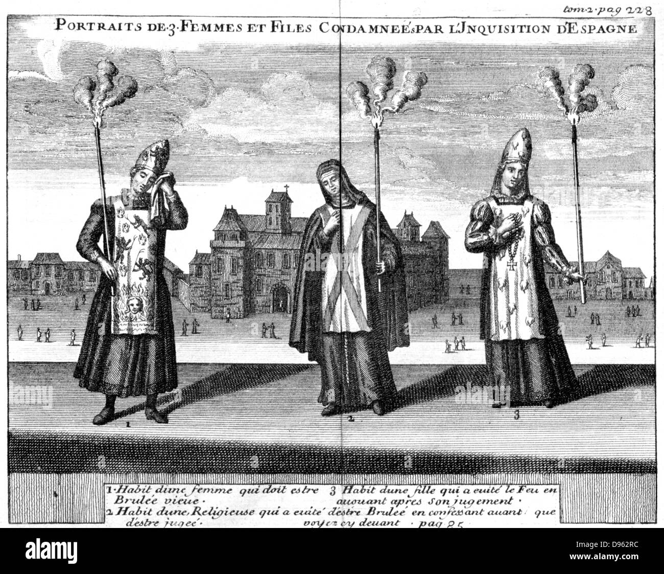 Three women condemned by the Inquisition. Copperplate engraving, Cologne, 1759 Stock Photo