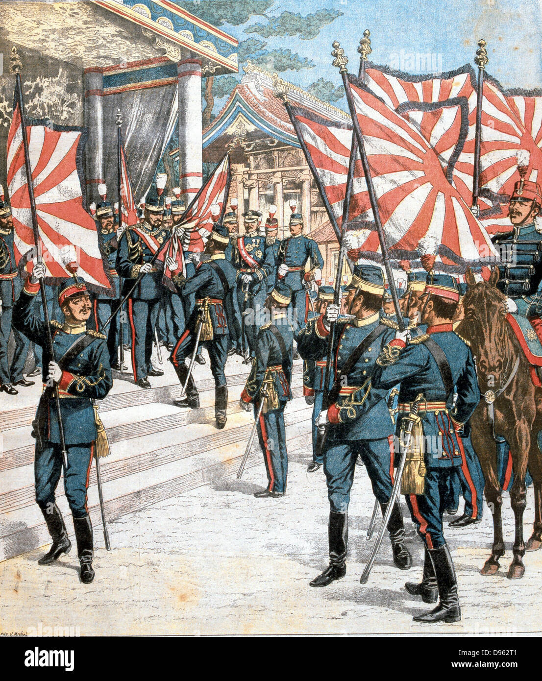 Russo-Japanese War 1904-1905: Emperor of Japan presenting colours to Japanese regiments. From 'Le Petit Journal', Paris, 6 March 1904. Stock Photo