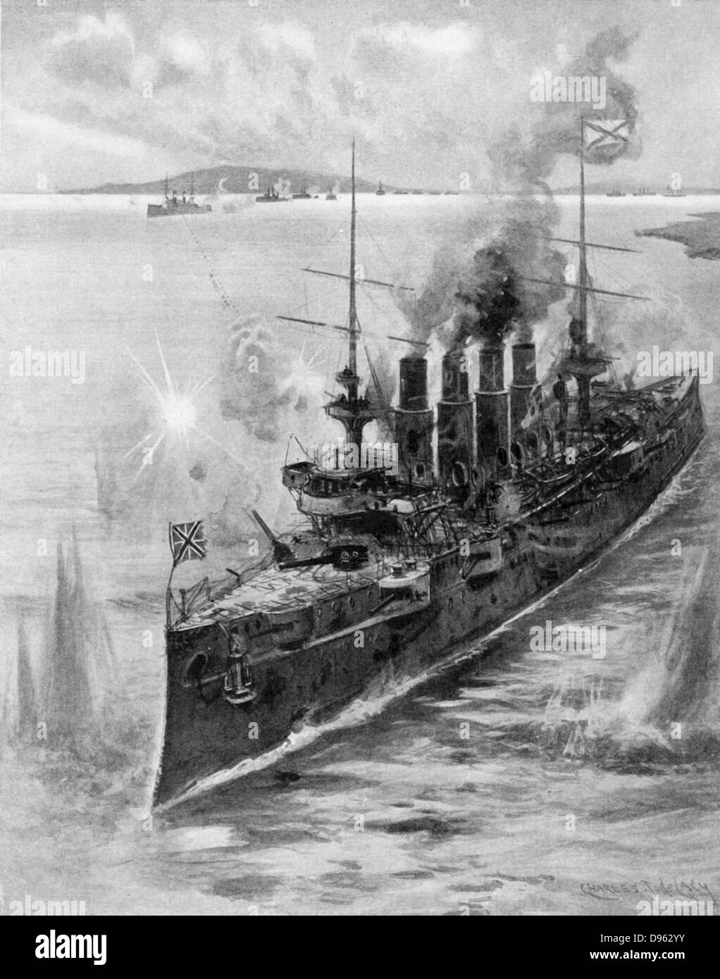 Russo-Japanese War 1904-1905:  Russian cruiser 'Varyag' receiving her death-blows from the Japanese fleet at the Battle of Chemulpo, February 1904 Stock Photo