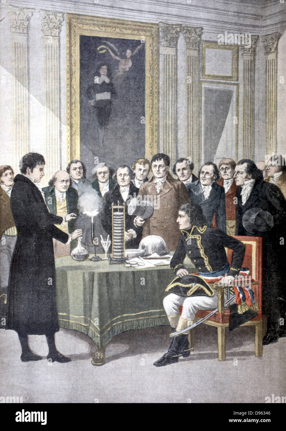 Alessandro Volta (1725-1827) Italian physicist, demonstrating his pile (battery) to Napleon. From 'Le Petit Journal', Paris, 1901. Stock Photo