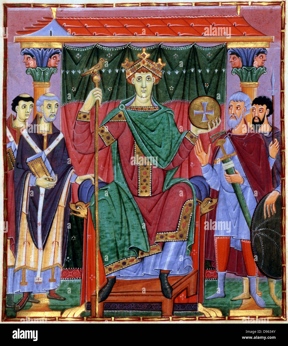 Coronation of Otto III, German king, c998. Otto (980-1002), wearing a crown and holding an orb and sceptre, is flanked on the left of picture by representatives of the church and on the right by secular advisors. The fourth ruler of the Saxon dynasty, Otto III (980-1002) was elected king in 983 when only 3 years old, after the death of his father, the Holy Roman Emperor Otto II. Otto reached his majority in 894, and was crowned Holy Roman Emperor in 996, by Pope Gregory V, the first German Pope, whose appointment Otto had engineered. Bayerische Staatbibliothek, Munich Stock Photo