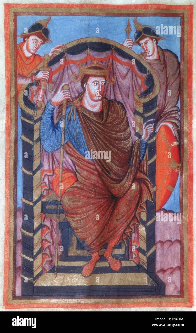 Lothair I or Lothar I (795-855) Emperor of the East from 843. Lothair sitting on throne flanked by two guards. From 'Evangeleaire de Lothaire' (Gospel of Lothair). 9th century manuscript.  Bibliotheque Nationale, Paris Stock Photo