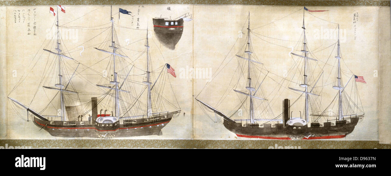 Matthew Perry (1794-1858). Ships of Perry's American expedition to Japan from 1852-1854 which opened diplomatic relations with the USA and granted them first trading rights. Japanese. Colour wash. Private collection. Stock Photo
