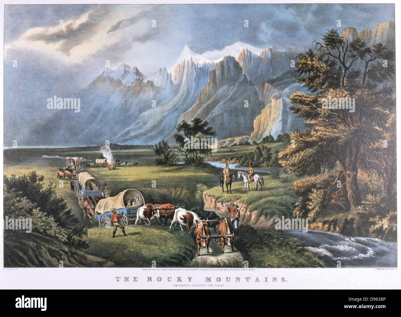 The Rocky Mountains. Emigrants in covered wagons crossing the Plains watched by Native Americans.  Lithograph by Currier and Ives, New York, c1870. Stock Photo