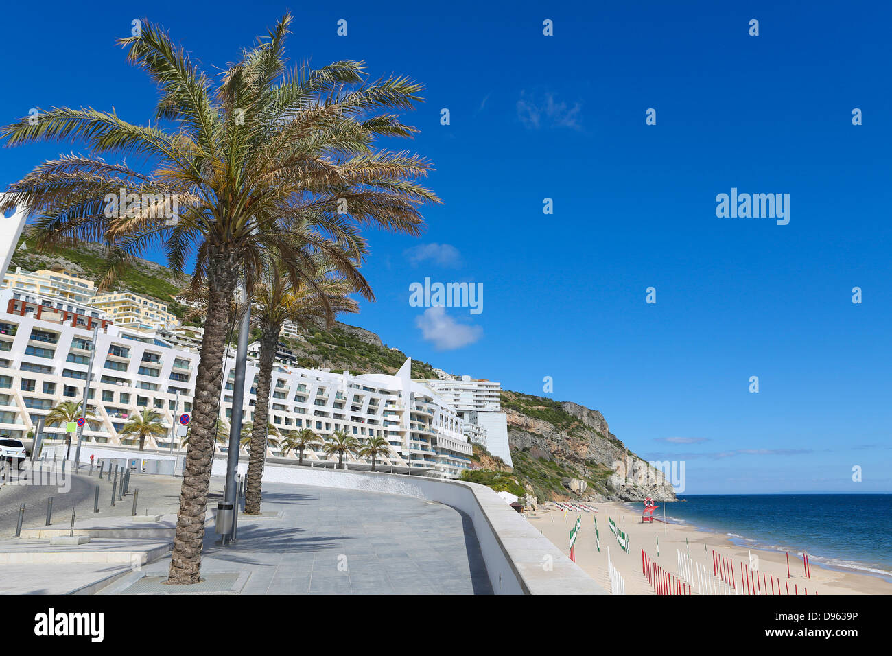 Promenade near the beach and the Atlantic coast of Sesimbra, Portugal. Stock Photo