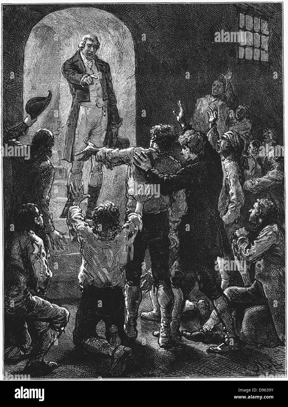 John Howard (1726-1790) English prison reformer, entering Savoy military prison, London, after mutiny. Restored peace and