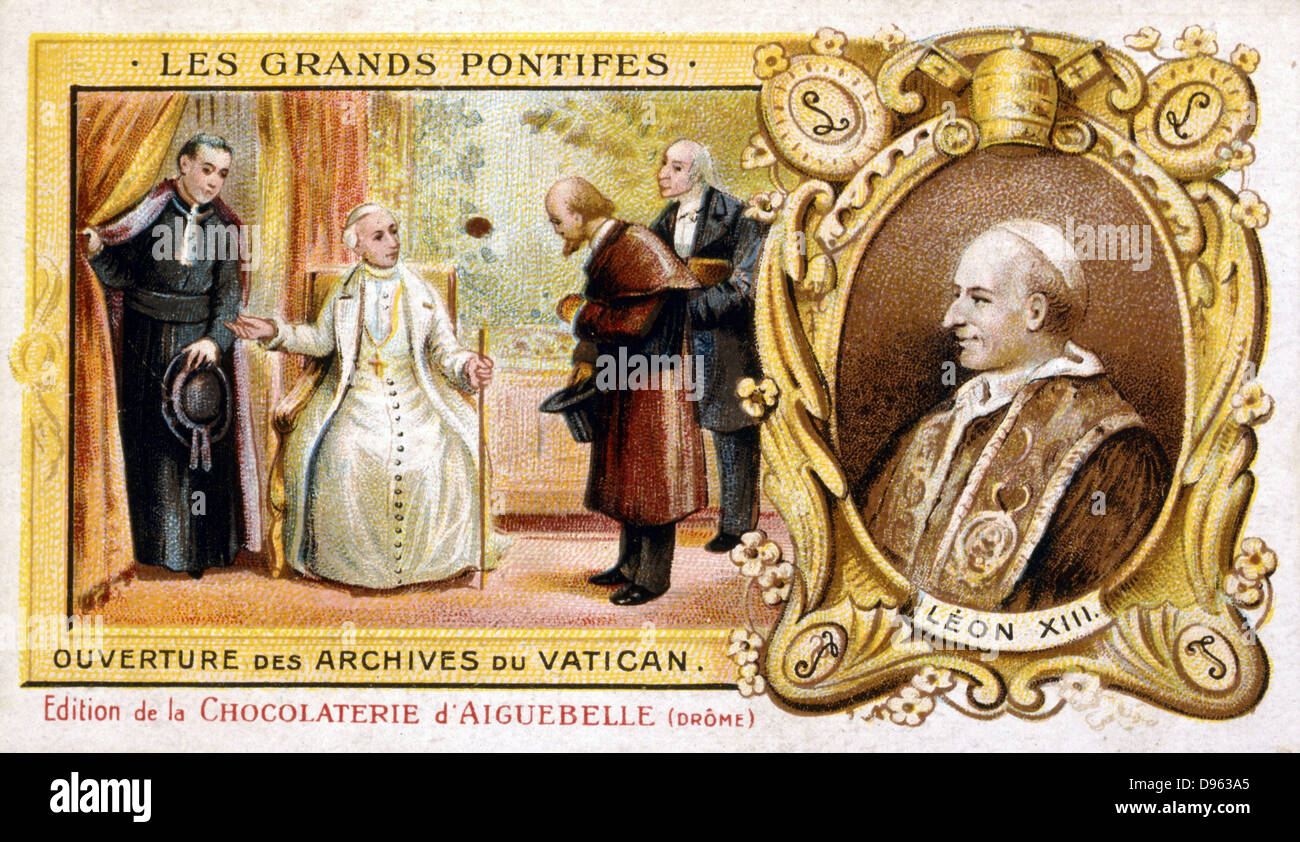 Leo XIII (Vincenzo Giacchino Pecci 1810-1903) Pope from 1878, opening the Vatican archives for historical research, 1883. Inset portrait. Late 19th century chromolithograph. Stock Photo