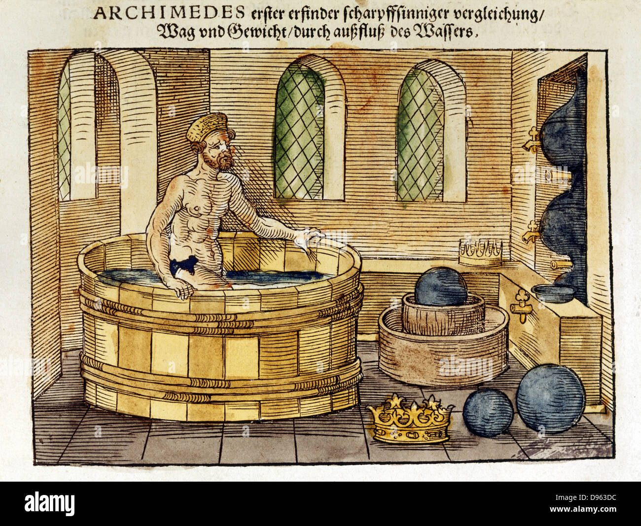 Archimedes (c287-212 BC) Greek mathematician and inventor, in his bath. Discovered formulae for calculating areas and volumes of plane and solid figures. Hydrostatics. Supposed to have shouted 'Eureka' on discovering principle of upthrust on a floating body. Hand-coloured woodcut, 1547. Stock Photo