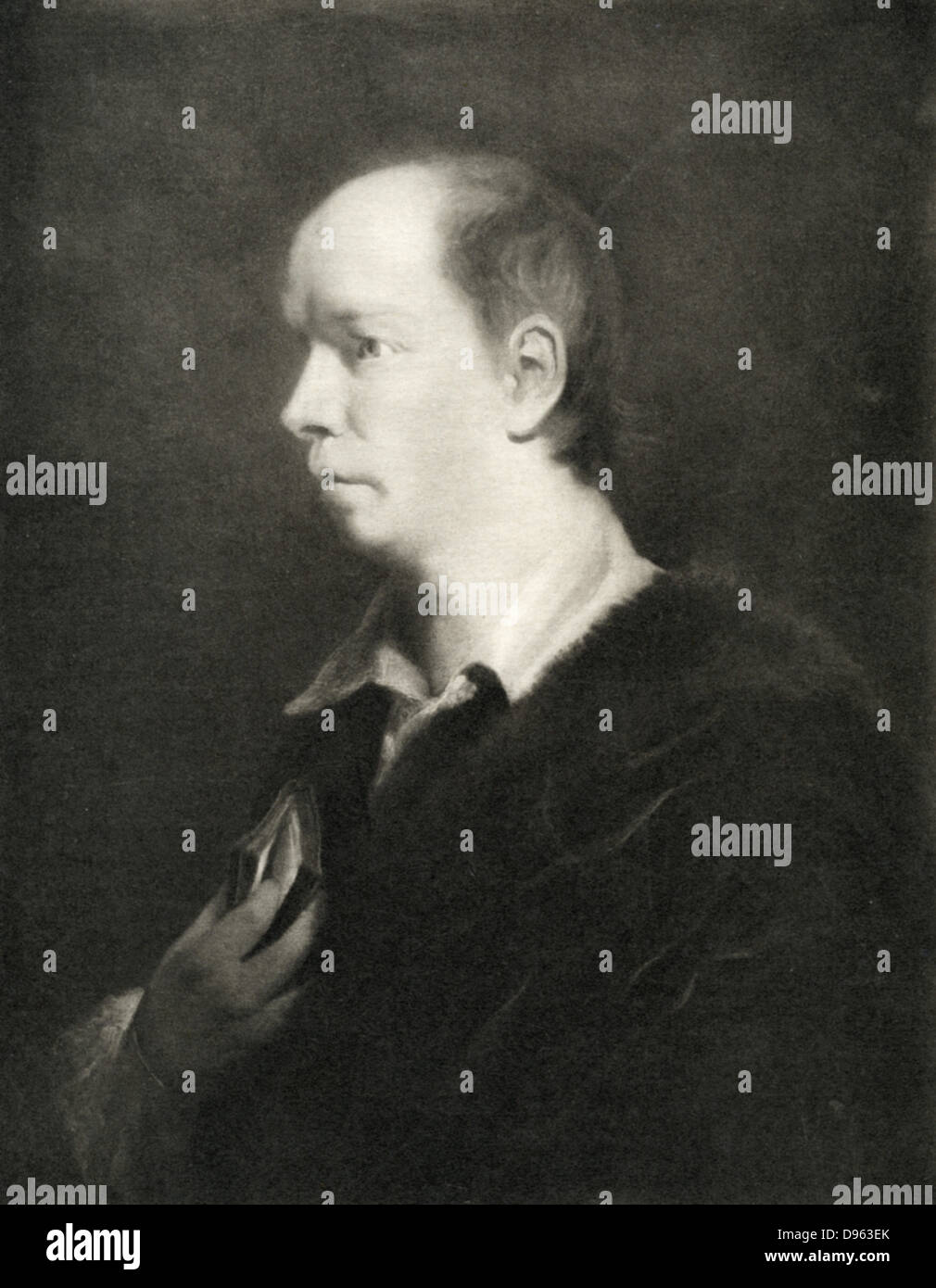Oliver Goldsmith (1724-1774) Irish-born British playwright and poet and novelist best remembered for the  novel 'The Vicar of Wakefield' (1766) the poem  'The Deserted Village' (1770) and the play 'She Stoops to Conquer' (1773). Lithograph after portrait. Stock Photo