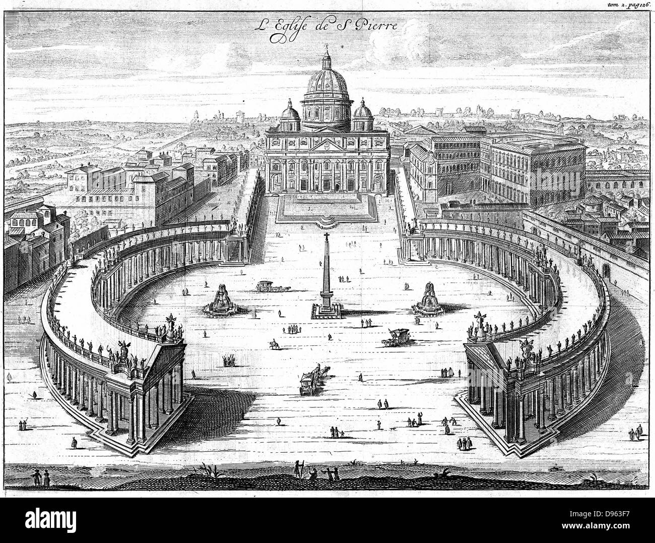 St Peter's Basilica, Rome, and the elliptical piazza and colonnades designed by Bernini (1598-1680). From 'Nouveau Voyage d'Italie', 1702. Copperplate engraving. Stock Photo